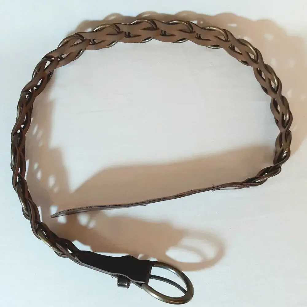 💎Unisex Dark Brown Faux Leather Belt L Antique Brass Rings Multi Strap Design